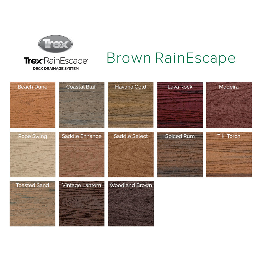 Brown Trex RainEscape drainage systems will pair well with these Trex Transcend, Select, and Enhance decking shades