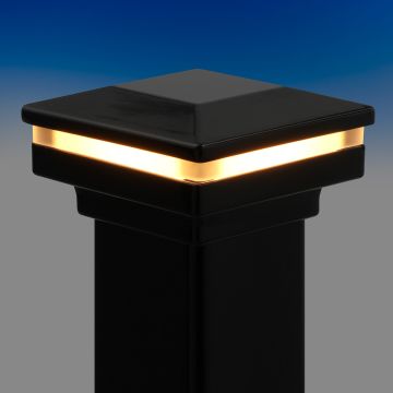 FortressAccents™ Flat Pyramid Post Cap Kit with LED Cap Glow Ring - Gloss Black - Installed - 3-1/16 in - Light On
