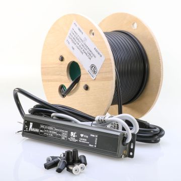 The 30 Watt LED DC Transformer Kit from DecksDirect includes the transformer itself, 100 feet of low-voltage wire, and 20 wire nut connectors.
