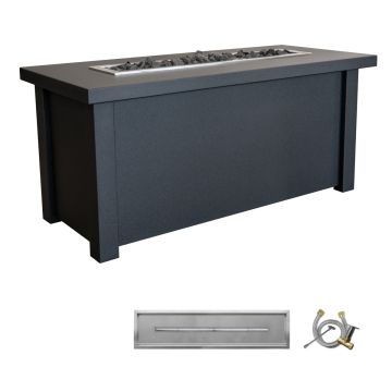 The traditional linear fire table includes a 75,000-BTU burner kit that burns brighter and warmer