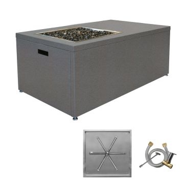 The modern square fire table includes a 75,000-BTU burner kit that burns brighter and warmer