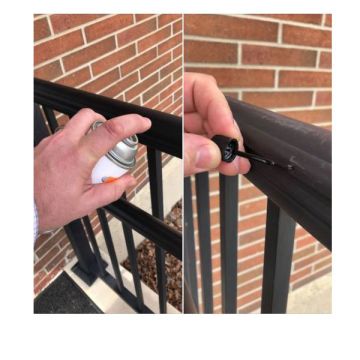 Privacy Rail Touch-Up Paint is offered in a 0.3 ounce paint pen, a 0.5 ounce paint bottle, or a larger 12 ounce aerosol spray bottle (aerosol and paint bottle use pictured).