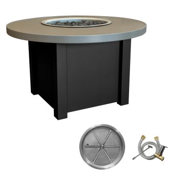 The traditional round fire table includes a 75,000-BTU burner kit that burns brighter and warmer