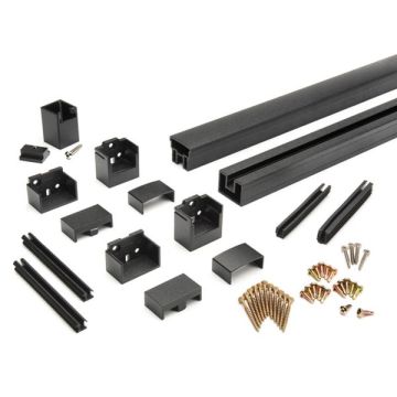 Kit includes Trex Signature Glass Railing top rail, bottom rail, mounting brackets, foot block and fasteners