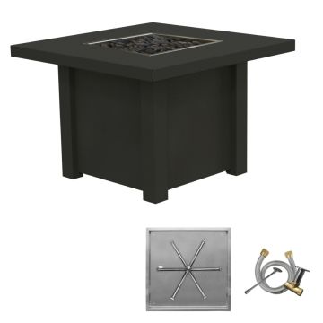 The traditional square fire table includes a 75,000-BTU burner kit that burns brighter and warmer
