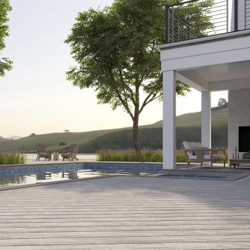 A poolside deck created from the airy Rainier finish