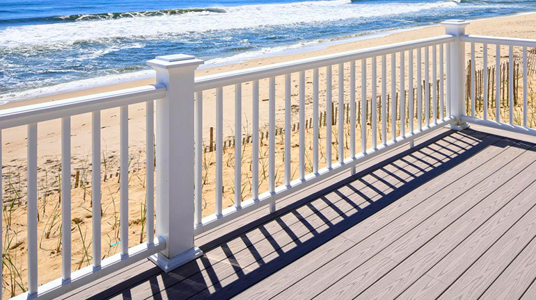 A traditional TimberTech Composite Railing in bright white