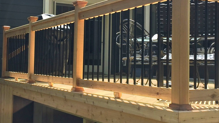 Deckorators 2-piece Cedar Post Skirt Kits installed on 4x4 cedar deck posts