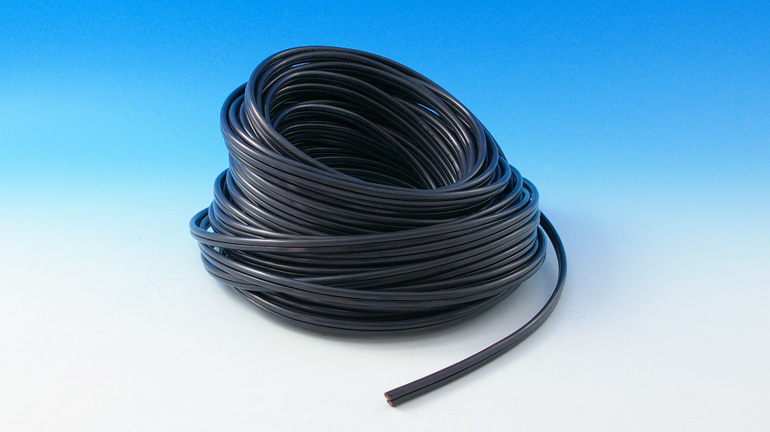 A 250-ft length of low-voltage wire typically used for LED lighting installation sits on a blue gradient background
