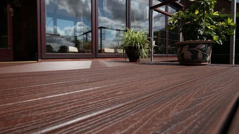 A close-up of composite deck boards