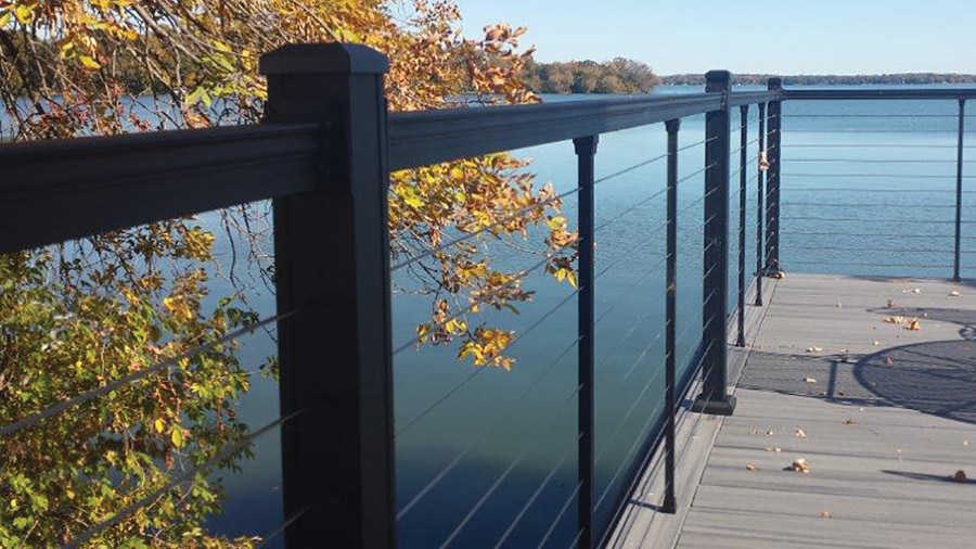 A lake view seen through the nearly-transparent Key-Link cable railing system