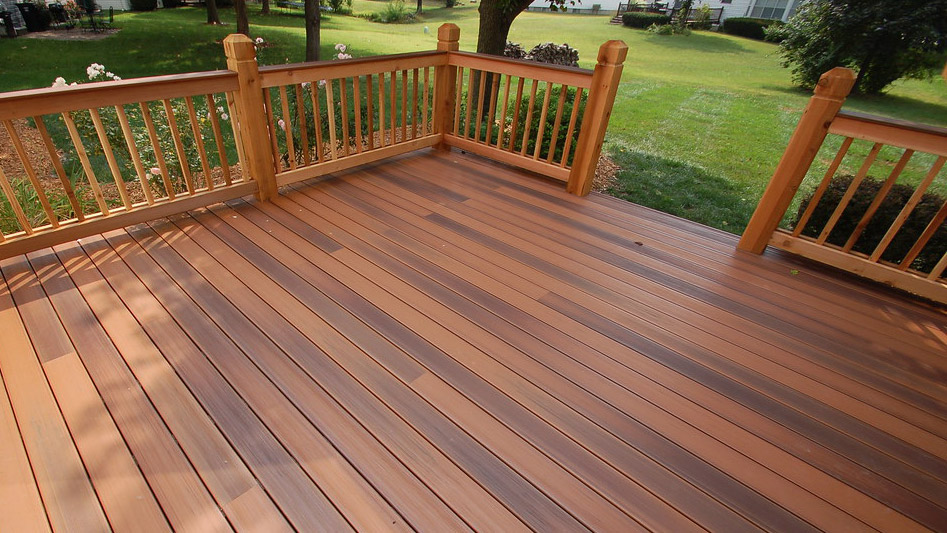 Barrette decking, pictured in Brazilian Cherry, shows incredible color range within each board