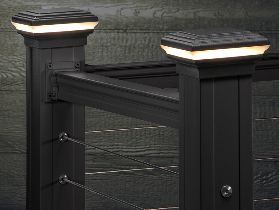 For a totally modern look, Key-Link's ornamental post caps feature LED lights wrapping around all four sides