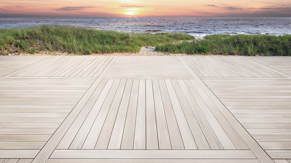 A light-colored lakeside deck stays cool in the sun