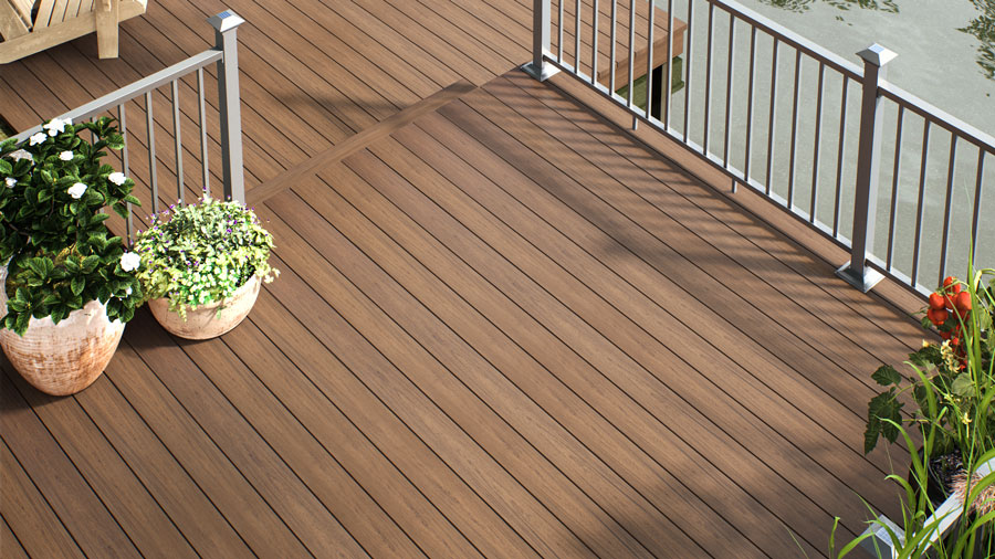 Water-resistant deck boards made of mineral-based composite make up a durable deck board dock