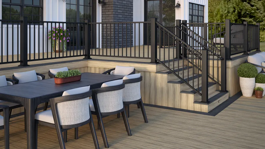 Deckorators Contemporary metal deck railing, one of DecksDirect's Easiest DIY deck railings of 2023