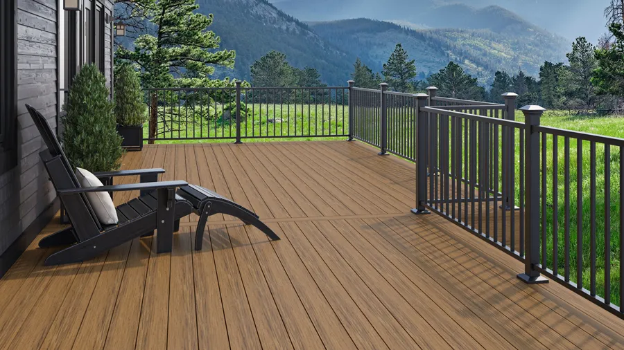 A rectangular deck with 90 degree corners and evenly spaced deck railing posts