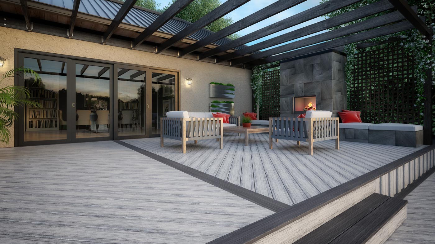 The modern beauty of Deckorators Tundra decking goes great with a steel pergola