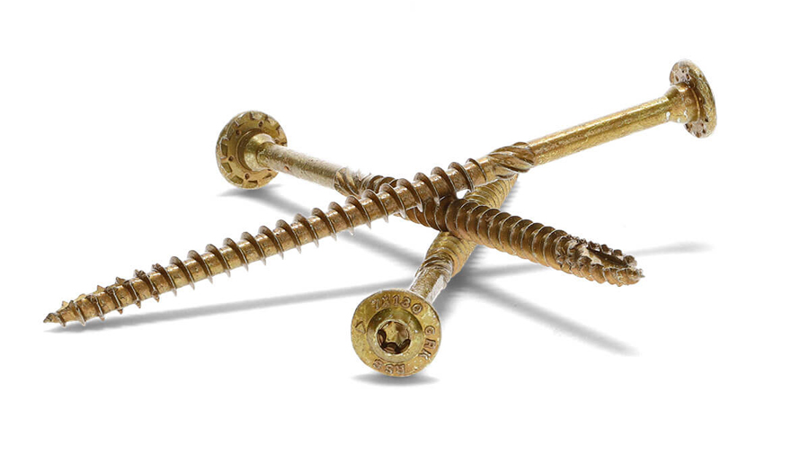 Structural screws or lag screws, used to fasten a deck post to a decking surface