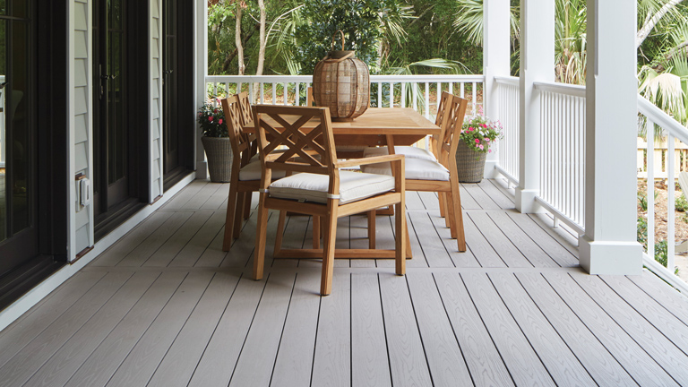 You can see the visible wood grain pattern on TimberTech AZEK Harvest decking, shown in Slate Gray