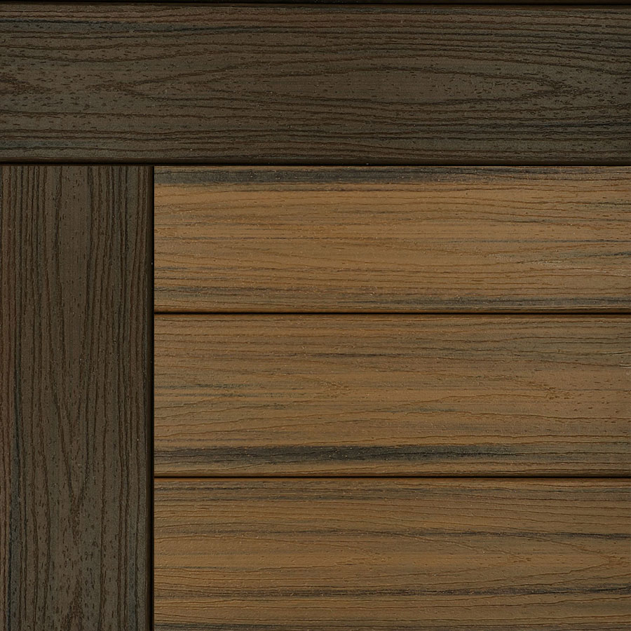 The gorgeous brown deck board color combo of dark brown Trex Spiced Rum decking with the warm brown Havana Gold color