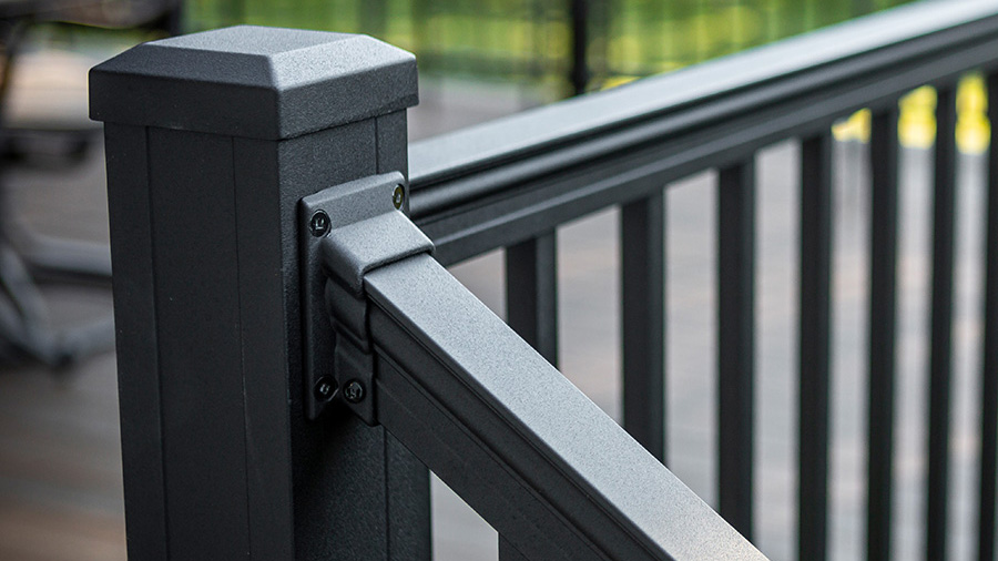 Key-Link aluminum deck railing's distinctive posts and rails