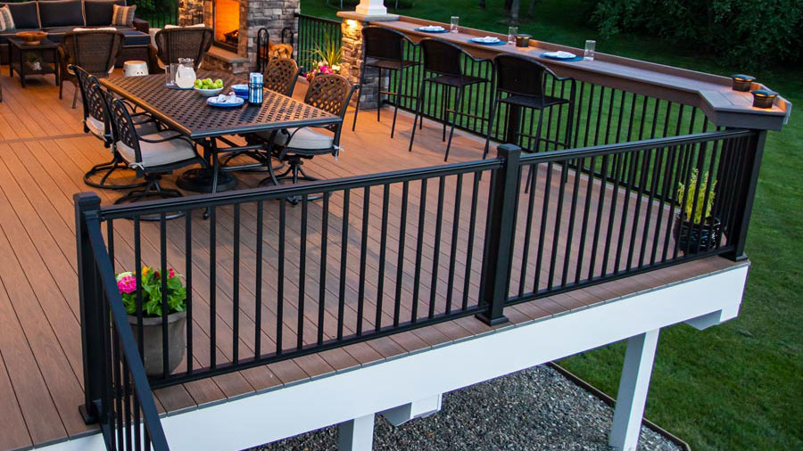 A modern metal deck railing on a stunning deck