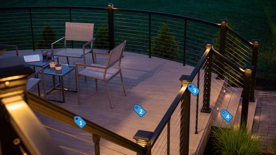 A modern deck design with tags added to point out the products that created the look