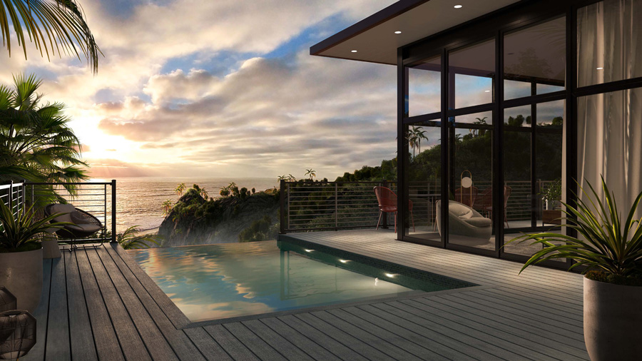 A gorgeous infinity pool surrounded by Trex Lineage decking as the sun sets