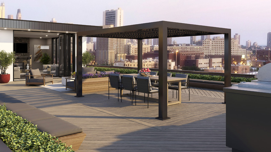 A modern rooftop deck with a steel pergola, created using Trex Lineage Biscayne decking