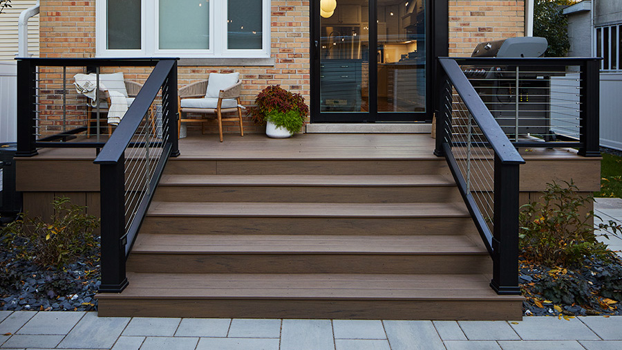 Matching riser boards and stair treads create a seamless look for a set of deck stairs