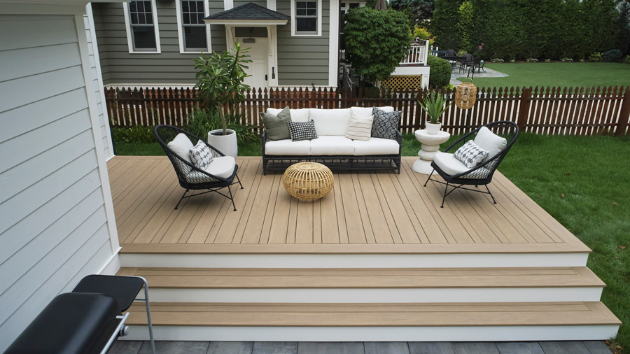 A top view of a Scandinavian-style patio with furniture