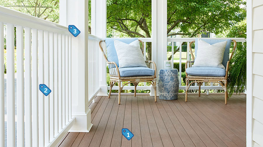 A modern farmhouse front porch with each component labeled