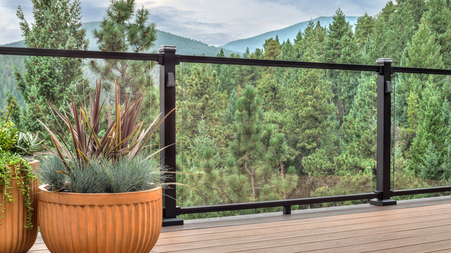 Trex Signature Glass Railing looking out over a thick American woodland
