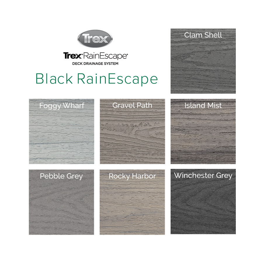 Black Trex RainEscape drainage systems will pair well with these Trex Transcend, Select, and Enhance decking shades