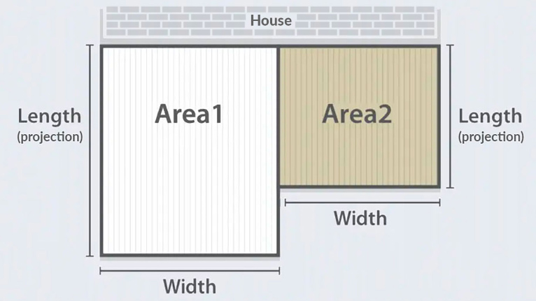 A diagram showing how to measure an irregularly-shaped deck surface by splitting it into separate areas