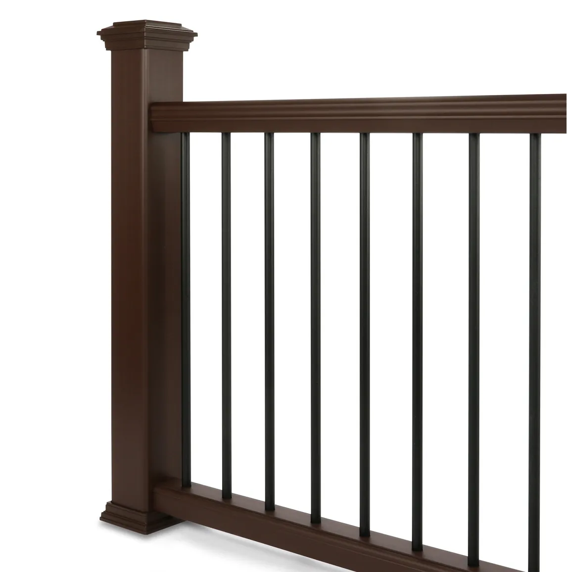 A timeless combination of composite deck posts and rails with modern round aluminum balusters