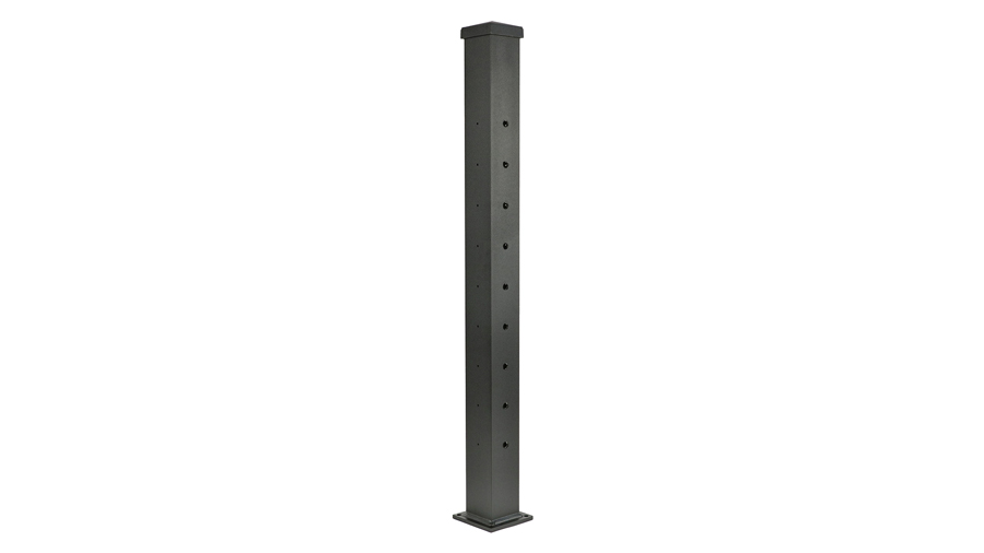 An aluminum post with holes pre-drilled to create a smooth corner with AFCO cable railing