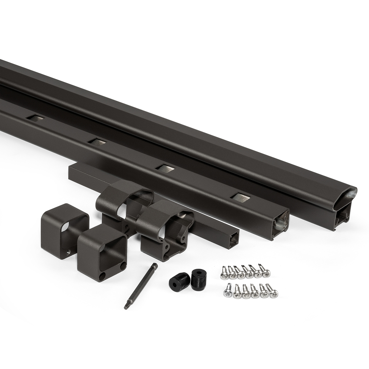 The contents of an AFCO Pro Level Rail Kit for metal deck railing