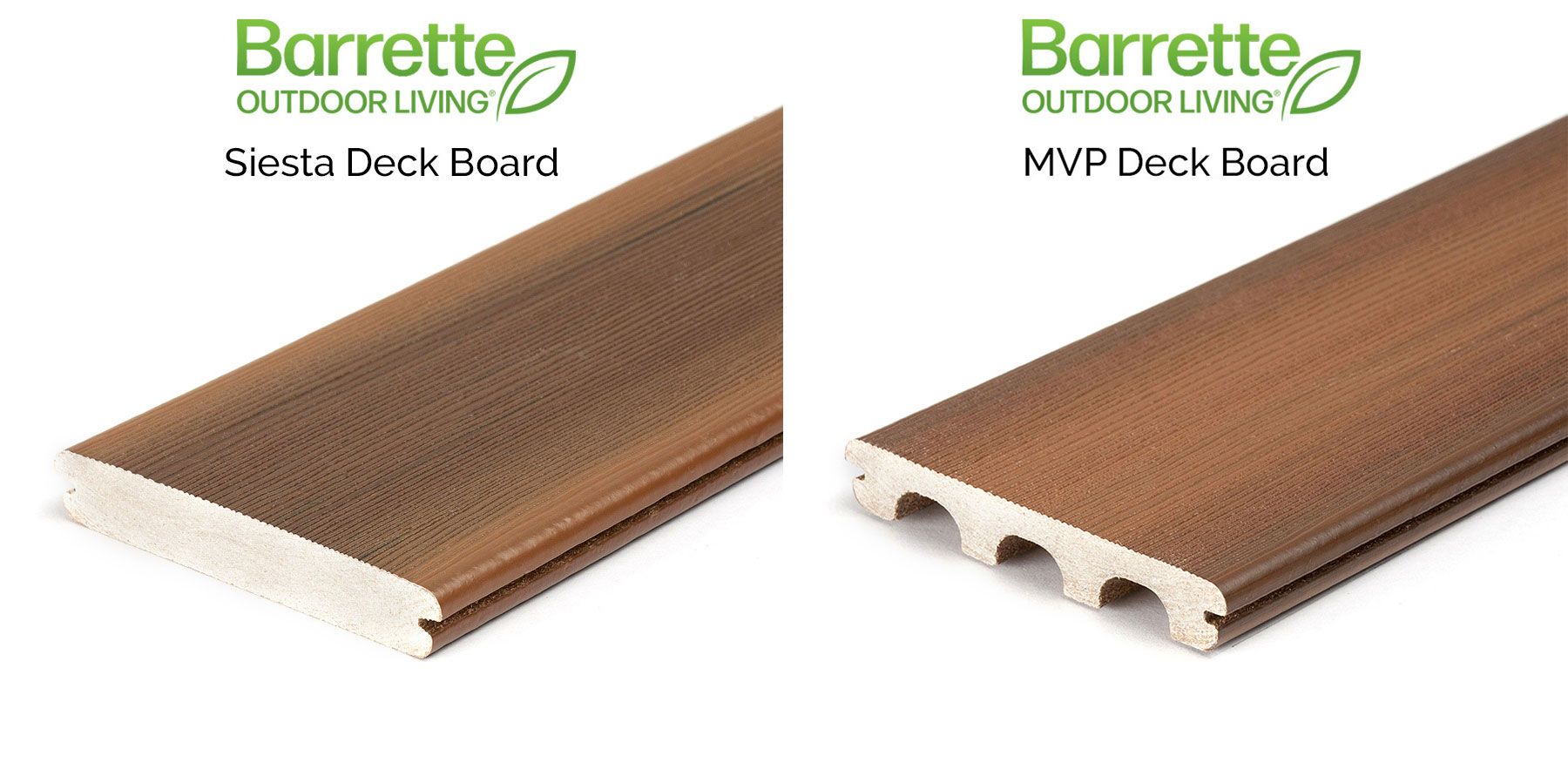 Composite deck boards are offered in either solid board designs or scalloped bottom board designs for easy installation