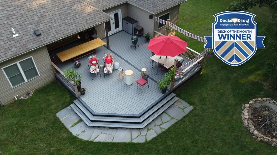 A drone shot of a large, spacious deck covered in 4th of July decor