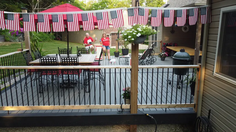A classic, roomy deck decorated with Fourth of July colors