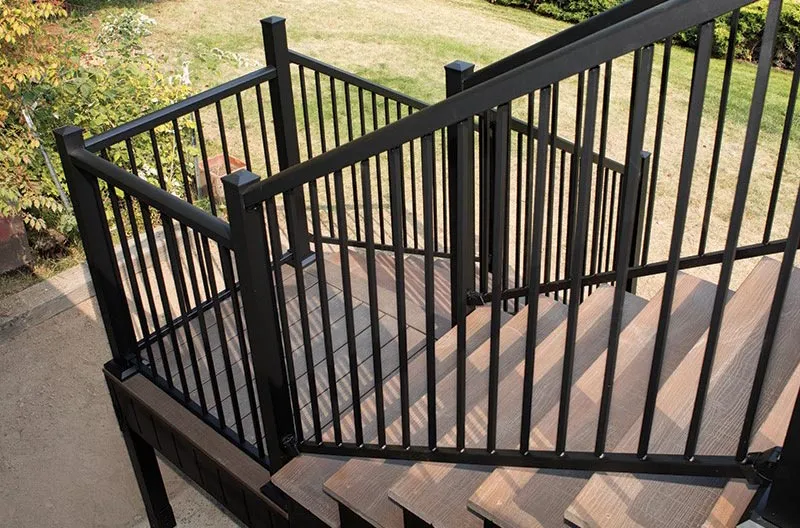 Finished deck stairs with steel railing and steel framing