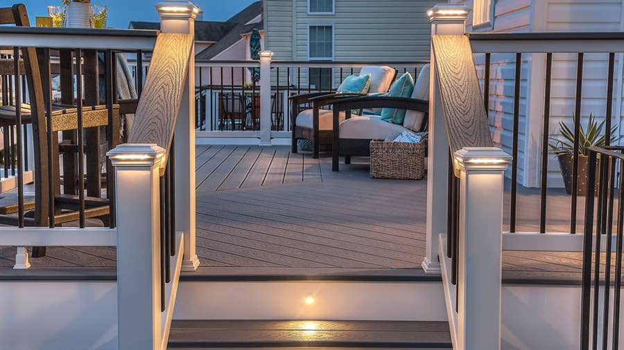 A lighted section of Trex Select stair railing