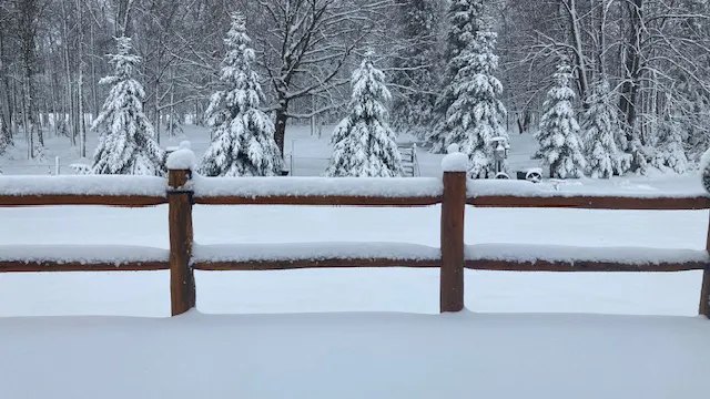 An old split-rail wood fence in the snow