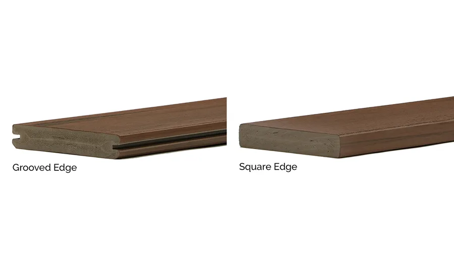 A diagram showing the difference between grooved edge and square edge composite decking