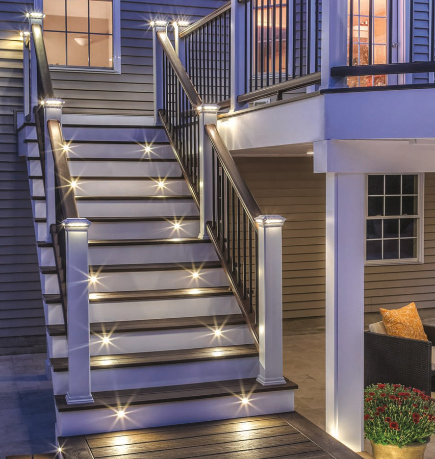 A brilliantly-lit set of deck stairs at night