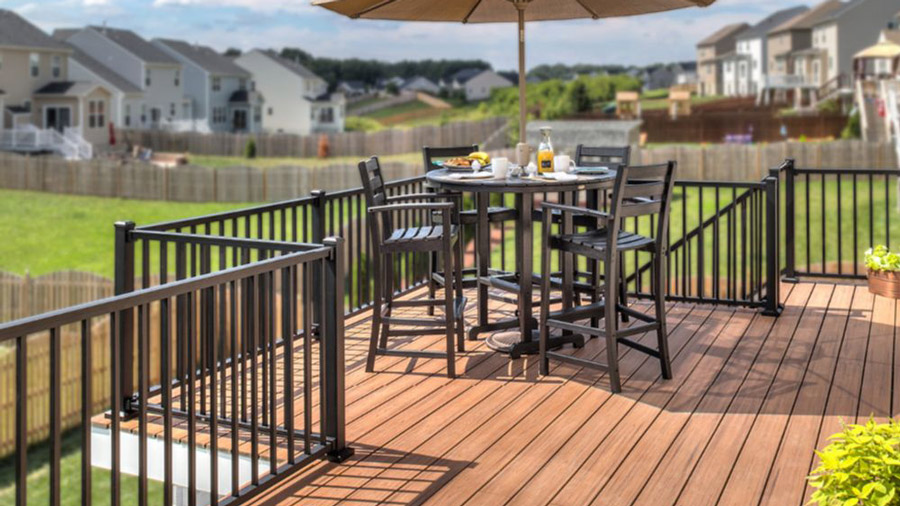 A Trex deck with a view of a neighborhood skyline