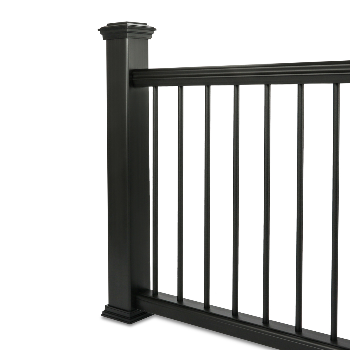 Trex Transcend composite railing in a sleek black color with black aluminum balusters