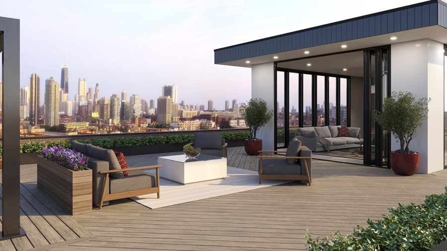 A classy modern rooftop deck featuring the cool, trendy tones of Trex Transcend Lineage deck board in Biscayne color